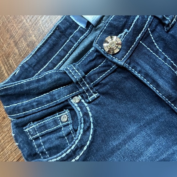 Y JEANS Los Angeles Y2K denim low rise flare distressed bling pockets cross 3/4 - Picture 7 of 15